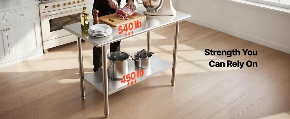 VEVOR Edelstahl Vorbereitungs Tisch, 24 x 24 x 34 Zoll, Schwerlast Metall Arbeitstisch mit 3 verstellbaren Höhenstufen, Gewerbliche Arbeitsstation für Küche Garage Restaurant Garten