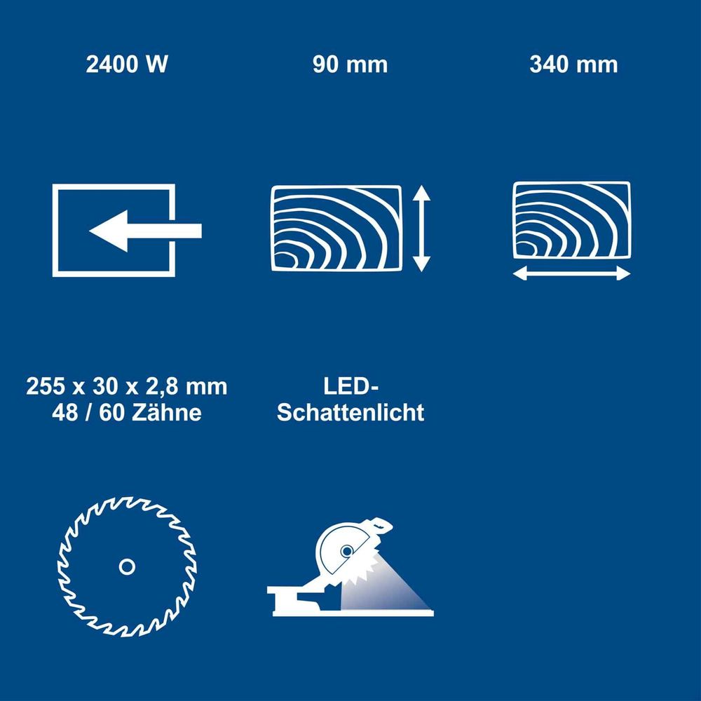 Das Bild zeigt die Keyfacts der Kappzugsäge von Scheppach.