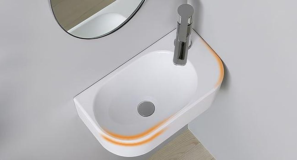 AQUABATOS Hängewaschbecken Keramik 40x21.5x10.5 cm, Gästebad Waschbecken, mit Hahnloch Rechts und Stockschrauben, Weiß, Oval