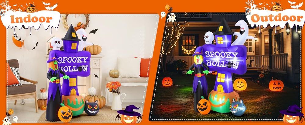 Halloween Aufblasbar Deko Outdoor 2,5M Terrible Geist mit LED-Lichtern, Totenkopf-Katze und Kürbis für Innen Außen Garten Party