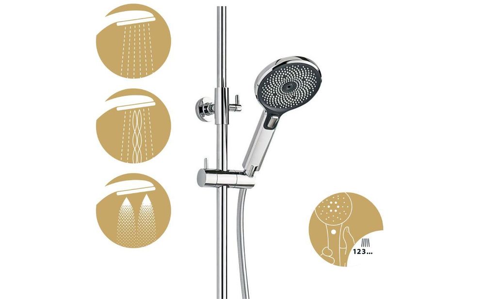 Handbrause mit Symbolen für Regen-, Massage- und Massage-Mix-Strahl, per Knopfdruck wählbar