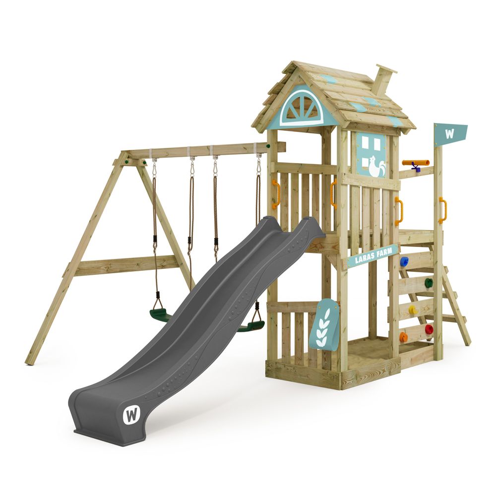 Spielturm Wickey FarmFlyer mit Rutsche im Bauernhofdesign in Himmelblau
