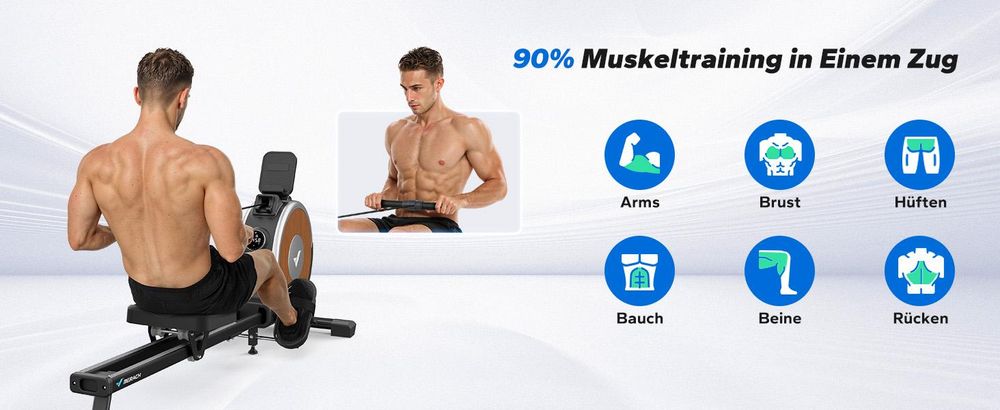 MERACH magnetisches Rudergerät – 16 Stufen Widerstand, Doppelschienen, Bluetooth-App (Kinomap), Tablet-Halter, leise, vertikal klappbar, bis 158 kg