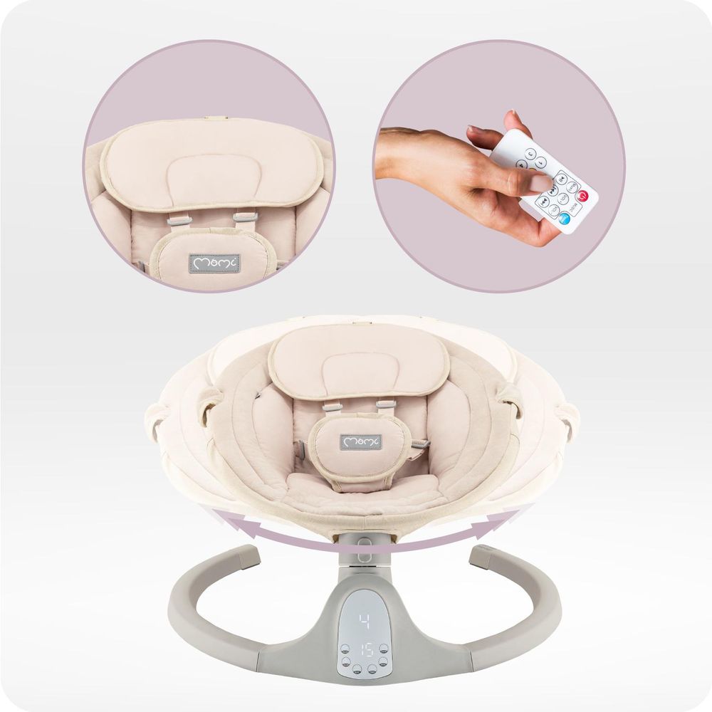 MoMi KENANI SAND – Elektrische Babywippe mit Bluetooth, Fernbedienung, LED-Display & 5 Stufen, inkl. Spielzeug – Beige
