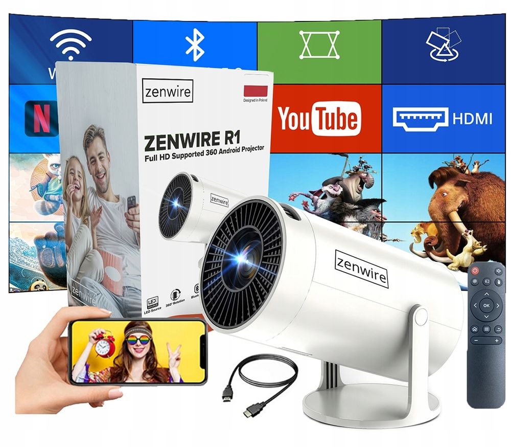 Tragbarer Mini-Projektor - Android 13 - WiFi - Drehbarer Projektor - Full HD 4K - Bluetooth - Autokeystone 4d - Zenwire R1