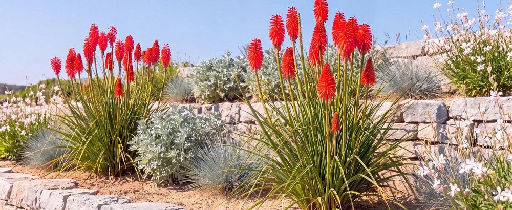 Kniphofia 'Redhot Popsicle' im sonnigen Hanggarten