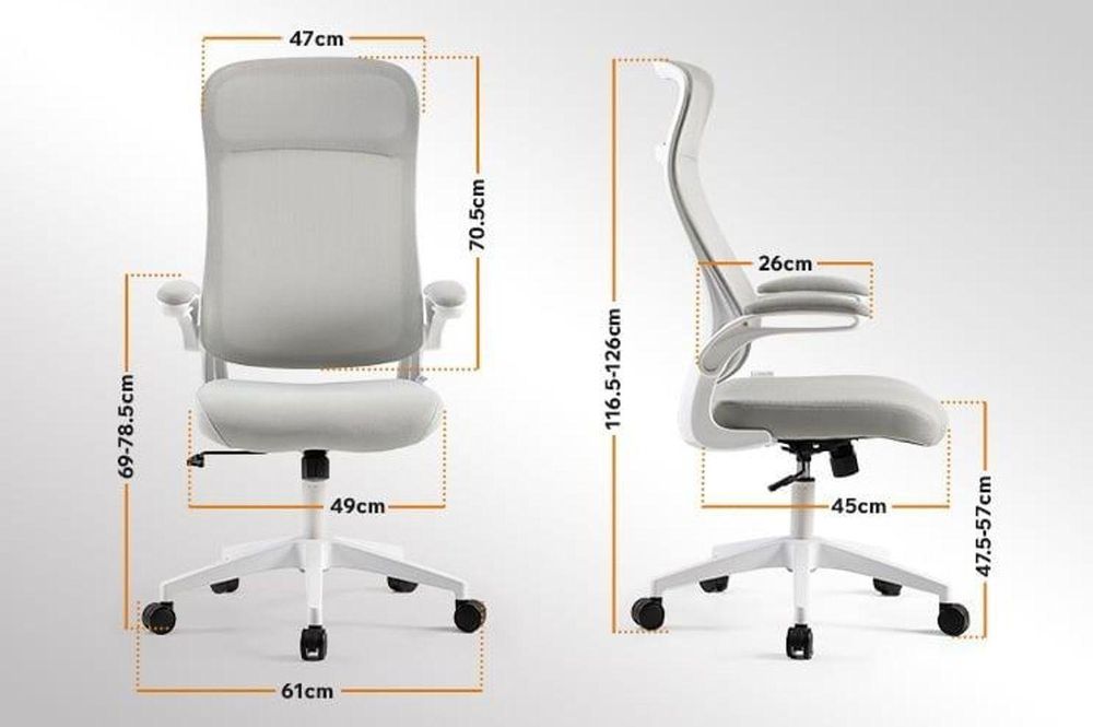 SENSE7 Revo Ergonomiczne krzesło biurowe Krzesło do biurka Szare Składane podłokietniki Siatkowe oparcie Funkcja kołysania Krzesło do domowego biura Krzesło szefa Krzesło komputerowe Białe 140 kg