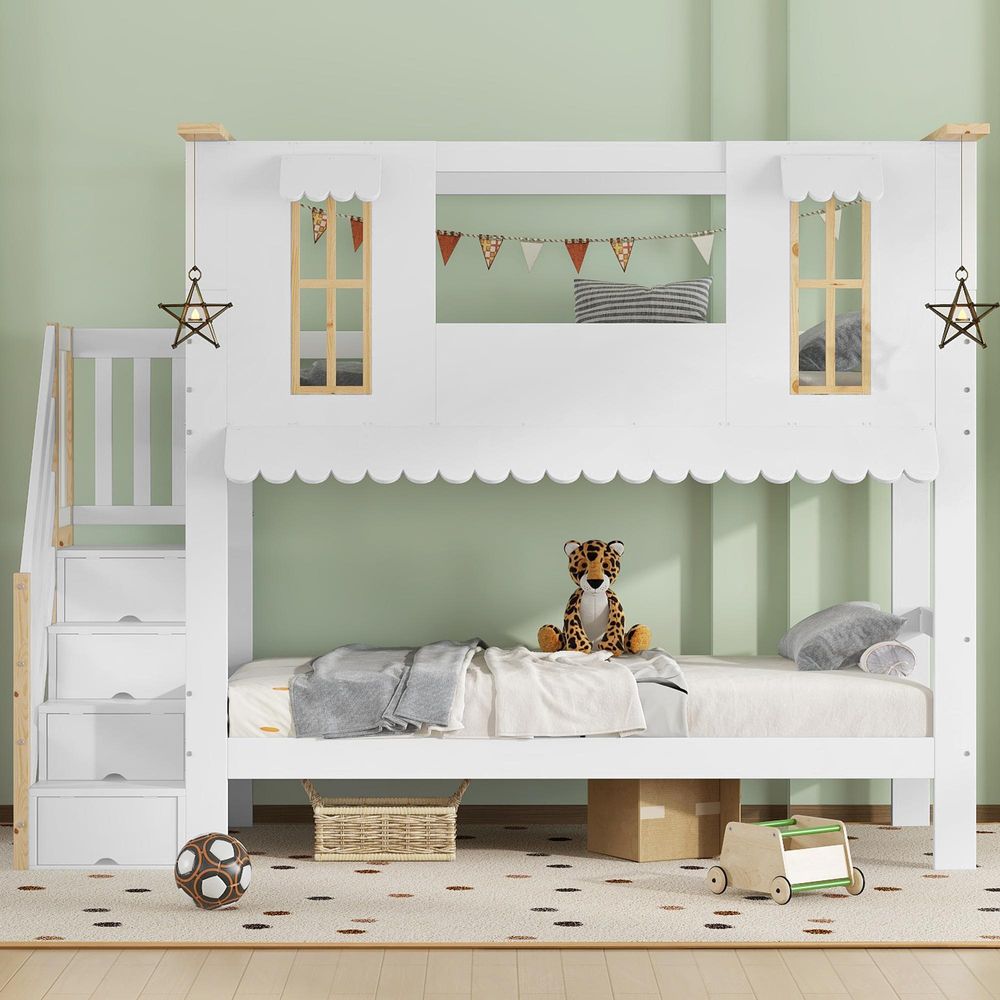 Merax Etagenbett 90x200 aus Holz mit Lattenrost, Kinderbett mit Aufbewahrungstreppe und Fenster, Jungenbett mit Filzdeko und Dachkante, Weiß+Natur
