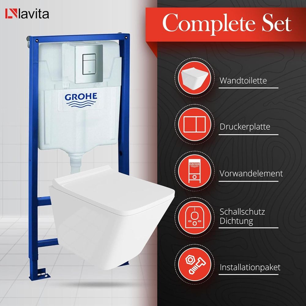 GROHE Vorwandelement Solido + Wand Hänge WC Lago Weiß Spülrandlos + WC-Sitz SoftClose | Verchromter Knopf | Komplettset | Unterputz Spülkasten | Toilette Komplett Sett