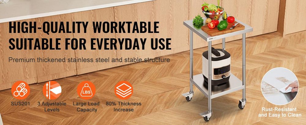 VEVOR Edelstahl Vorbereitungs Tisch, 24 x 24 x 34 Zoll, Schwerlast Metall Arbeitstisch mit 3 verstellbaren Höhenstufen, Gewerbliche Arbeitsstation für Küche Garage Restaurant Garten, 610 x 610 mm
