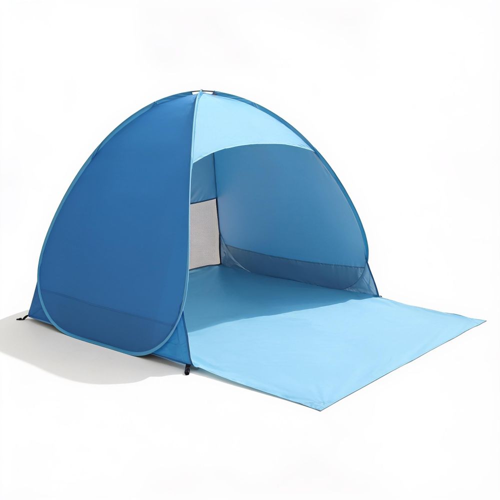 Blaue Pop-Up-Strandmuschel mit verlängerter Bodenplane auf weißem Hintergrund