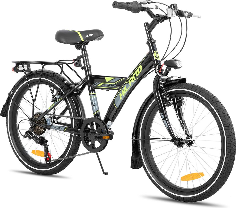 HILAND Rocket 20 Zoll Kinderfahrrad Mountainbike Kinder MTB für Jungen mit Shimano 6 Gang Schaltung Licht Gepäckträger, Schwarz