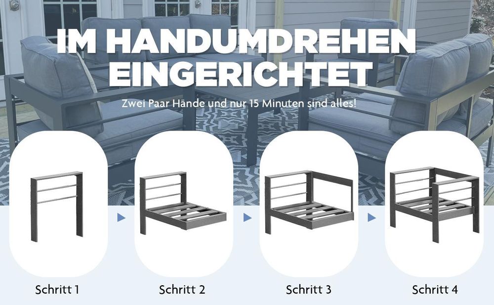 MeXo Gartenmöbelset, Loungeset Aluminium für 6-7 Personen mit Kissen und Couchtisch Indoor Outdoor Balkon weiß (Sitzgruppe, Aluminiumrahmen)