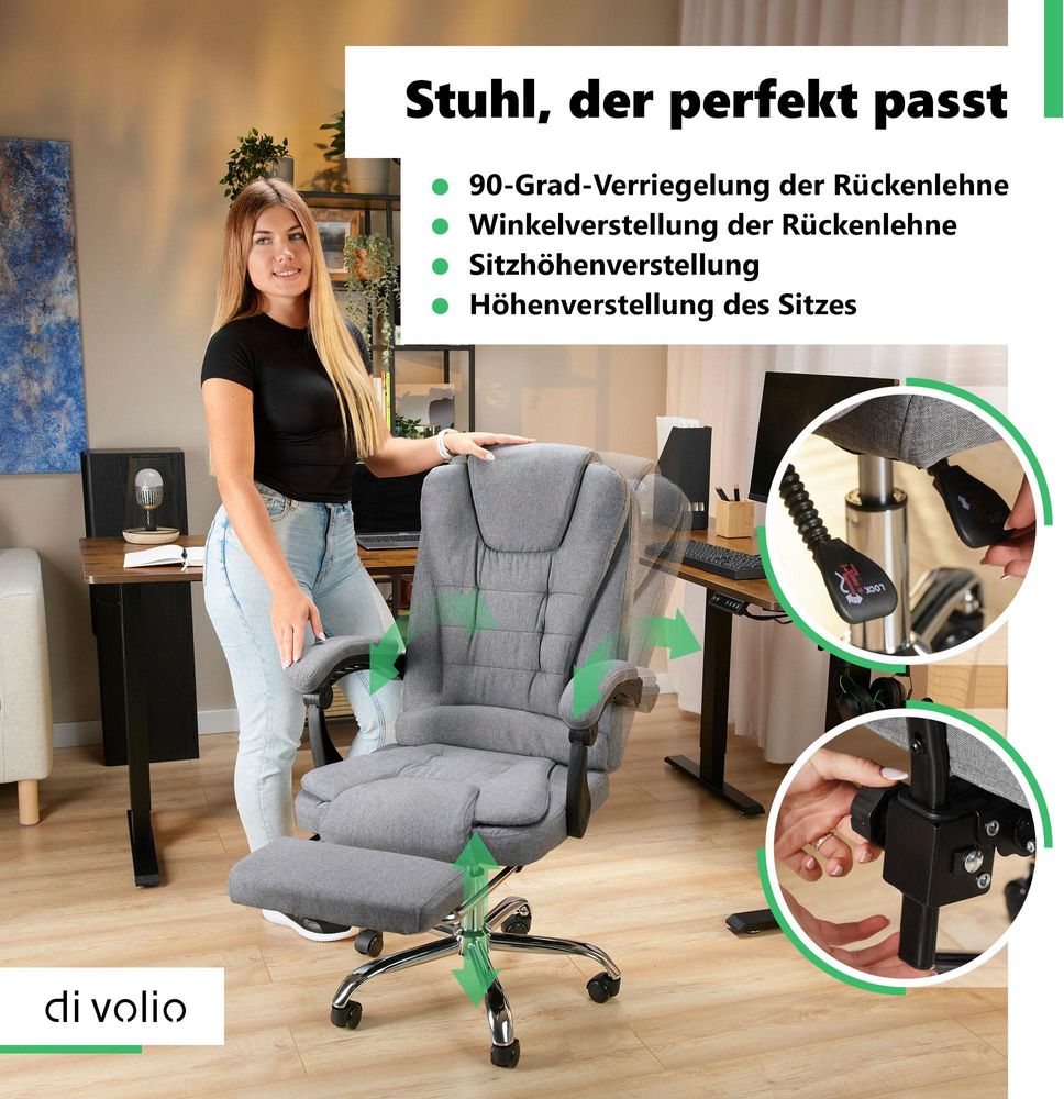 di volio Bürostuhl Baldo Dunkelgrau, ergonomischer Schreibtischstuhl mit Sitzhöhenverstellung und Fußstütze, max. Körpergewicht 150 kg, robust