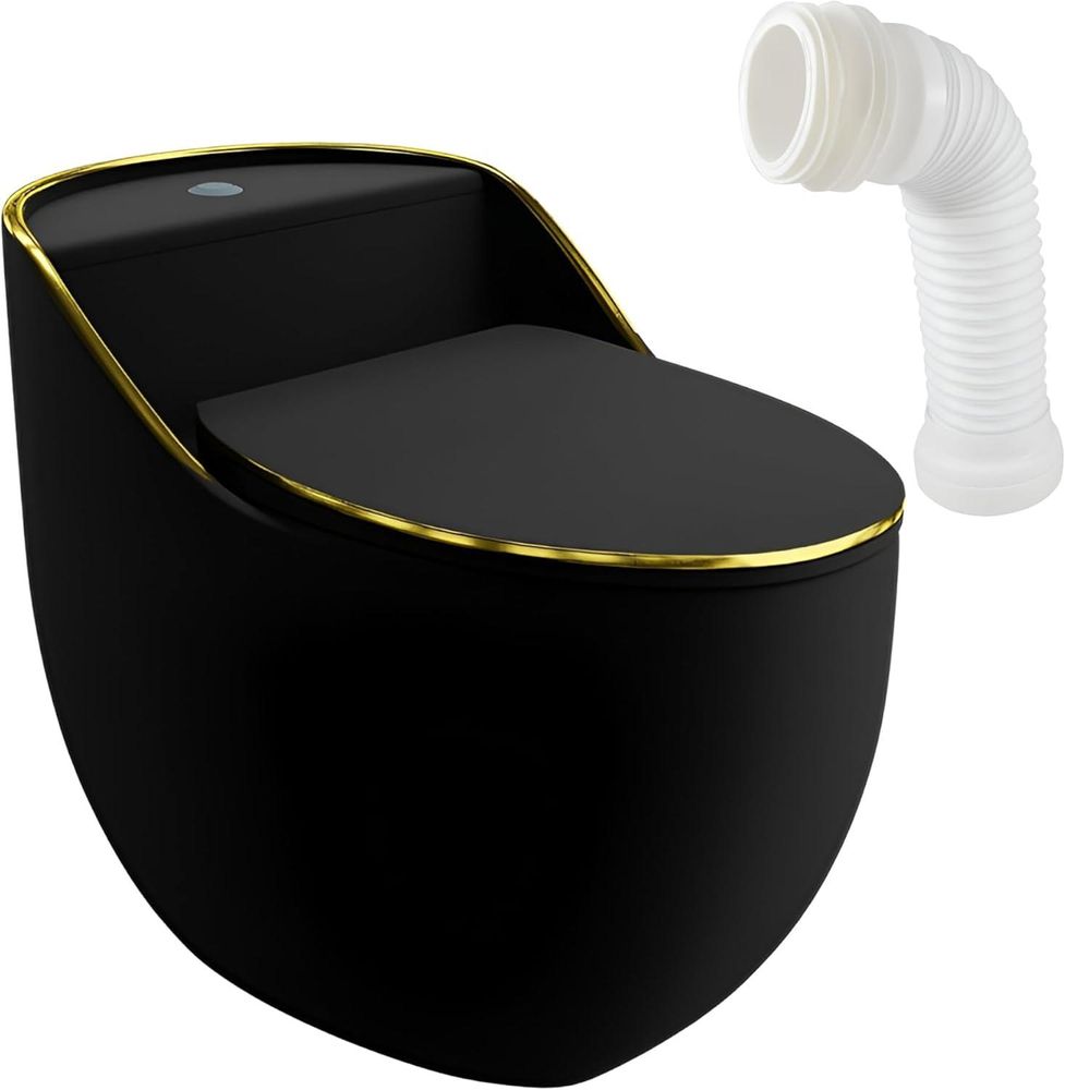LAVITA Einteilige Stand-WC mit eingebautem Spülkasten SILIA RIM BLACK/GOLD LINE | Komplett-Set | WC deckel | Keramik WC Spülrandlos |Toilettenschüsse|