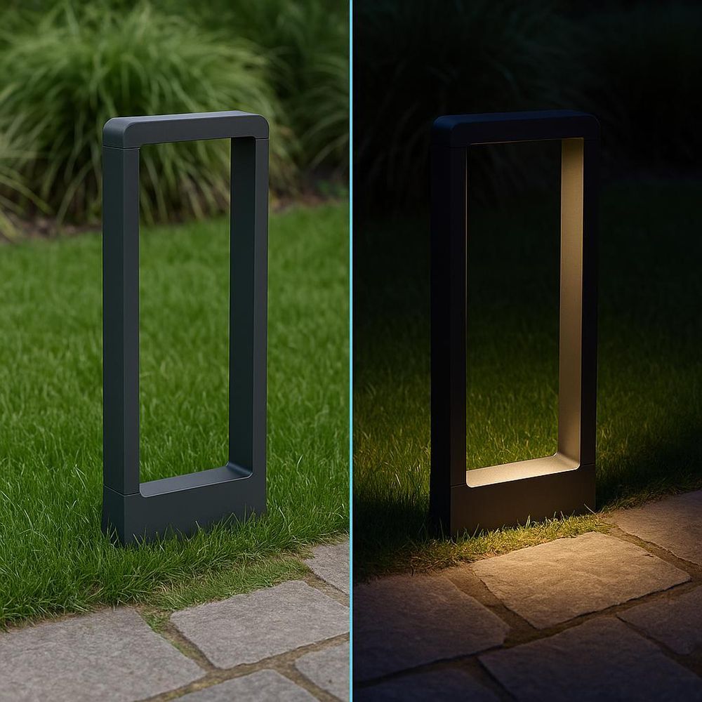 LED-Wegeleuchte in Anthrazit bei Tag und Nacht auf Rasenfläche neben Gartenweg installiert.