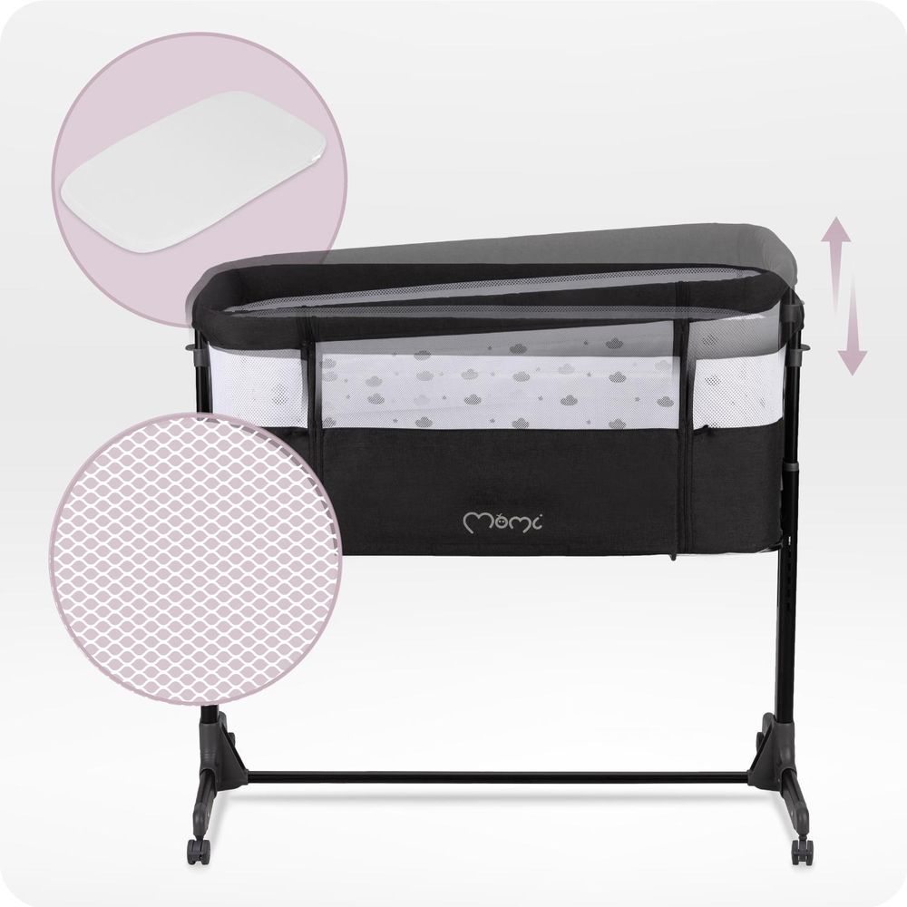MoMi REVO 2in1 Babybett - 6 Höhenstufen, Einfach und Stabilmit, Matratze, Moskitonetz & Spielzeugbar - Dunkelgrau