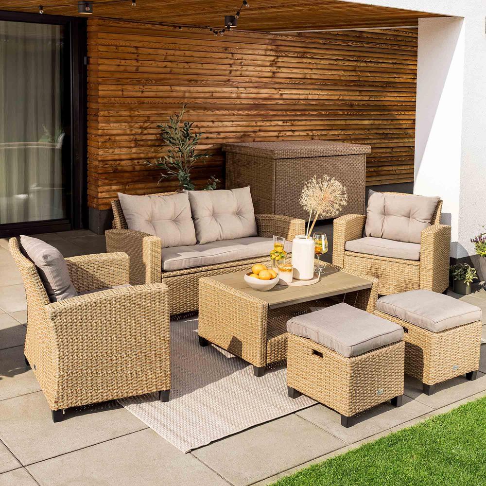 di volio Polyrattan Lounge Gartenmöbel-Set FIRENZE - Lounge Set mit Doppelsofa, 2 Sesseln, 2 Hockern & Tisch - Gartenmöbel-Set in Rattan-Optik