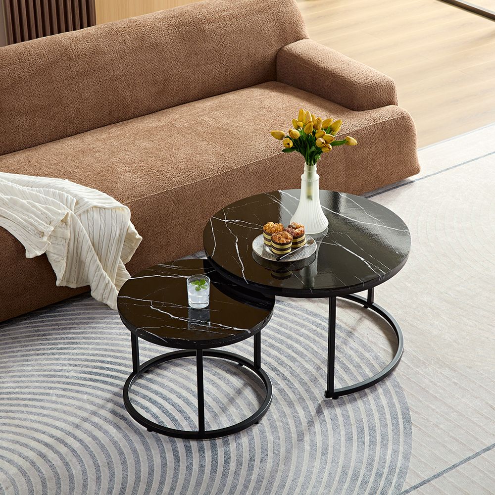 2 Couchtische Set Rund – Schwarze Marmoroptik, Metallgestell, Platzsparend (en.casa)