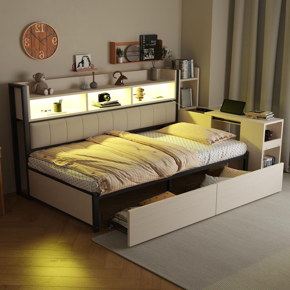 Flieks Jugendbett 90x200cm mit ausziehbarem Schreibtisch und Ladefunktion, Schlafsofa Metallbett mit Schubladen und Ablagen, Weiß