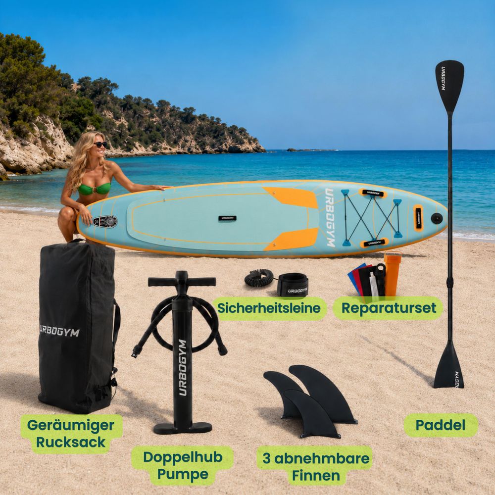 URBOGYM Gale SUP Board 320 cm Aqua-Türkis, aufblasbares Komplettset mit 3 Finnen
