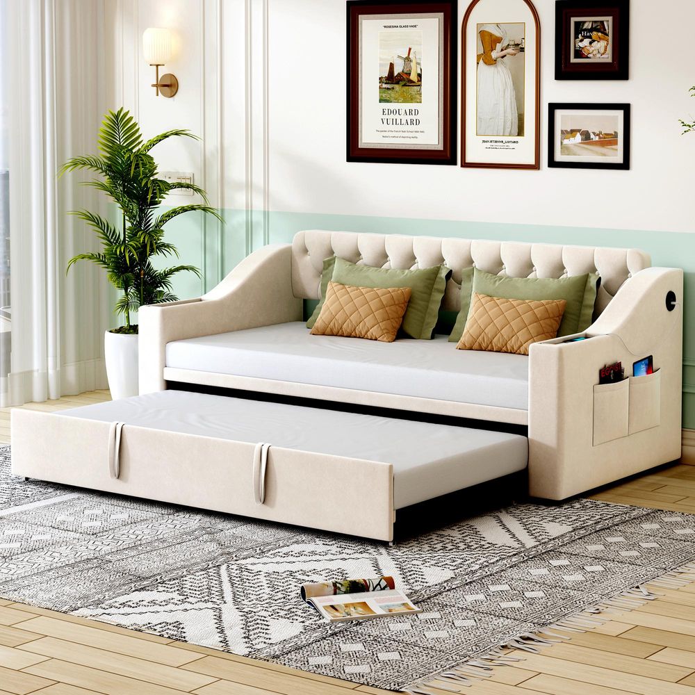 STILVORA Schlafsofa 90×190 cm Polsterbett mit Ausziehbett & USB-Ladeanschluss,Daybett mit Ablagetaschen Samtstoff,Beige(ohne Matratze)