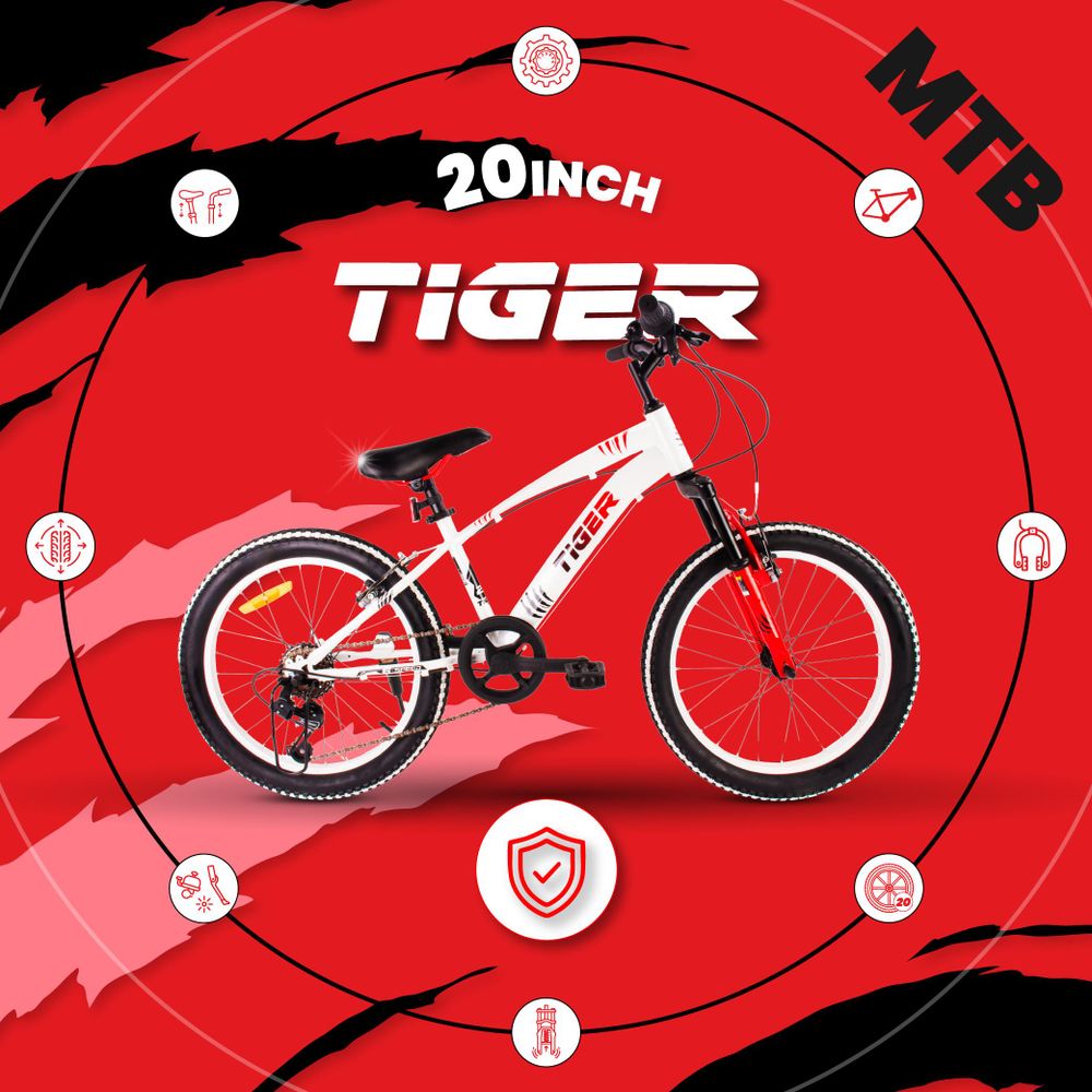 Bicicleta SUN BABY Tiger Bike de 20 pulgadas en fondo rojo con iconos de características.