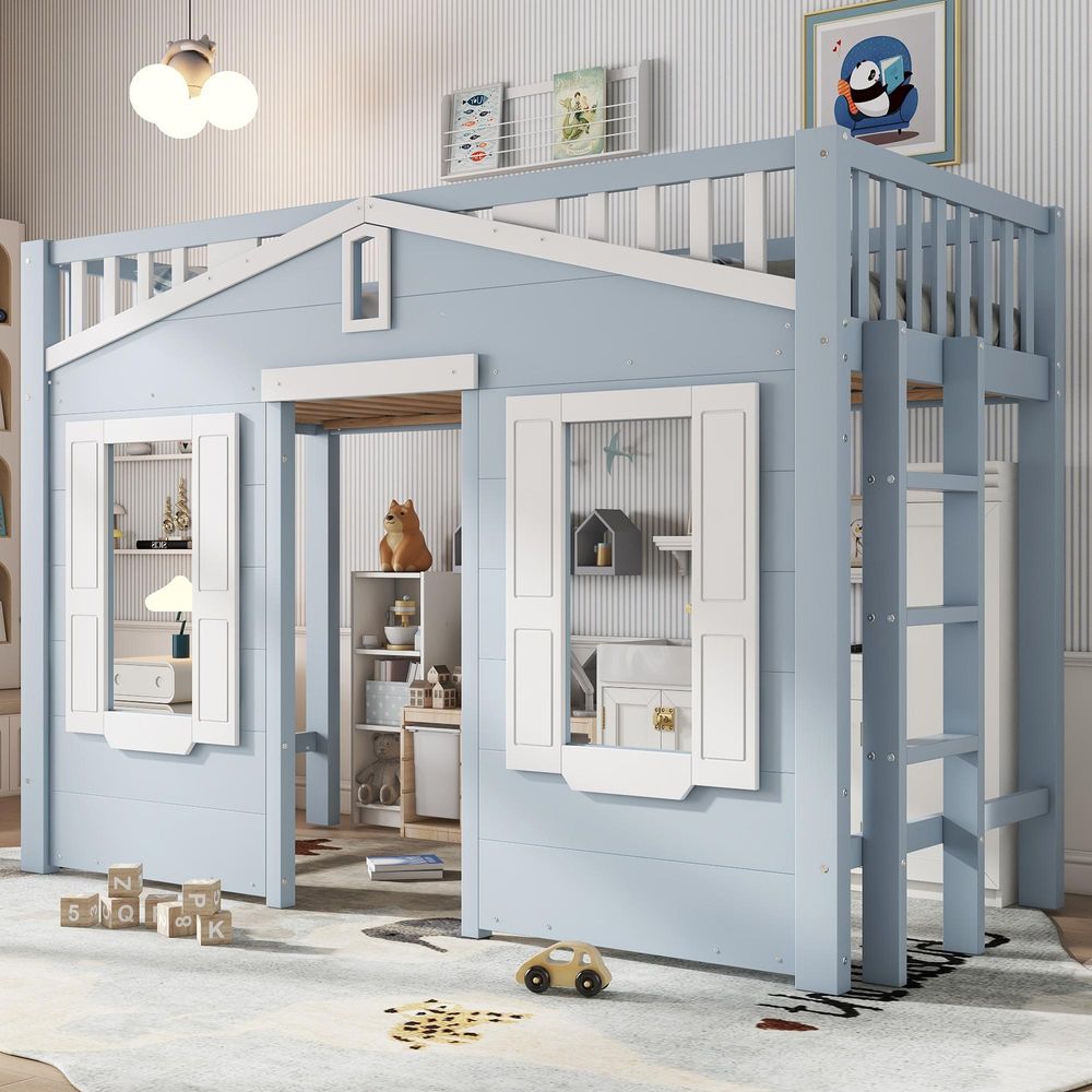 Flieks Etagenbett 90x200cm mit Rausfallschutz, Kinderbett Hausbett mit Lattenrost, Hochbett Einzelbett Holzbett mit Fenster, Kinderbett Blau