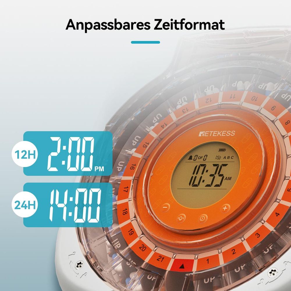 Retekess TH017 Smart Pillenbox, automatischer Tablettenausgabe, LCD-Display, Klingeltöne, Power-off-Speicherfunktion, für Haushalte, Senioren