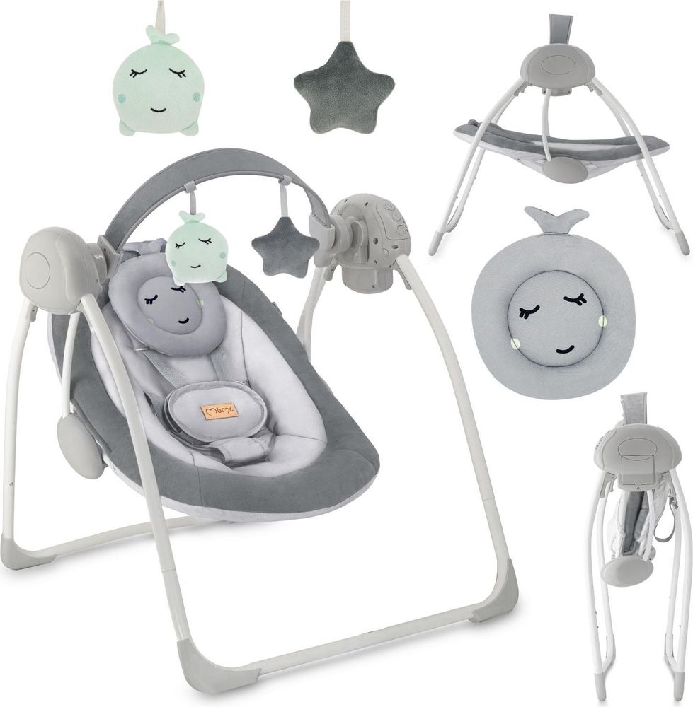 MoMi LISS – Elektrische Babywippe klappbar mit Timer, 5 Geschwindigkeiten, 6 Melodien & verstellbarem Spielbogen - Grau