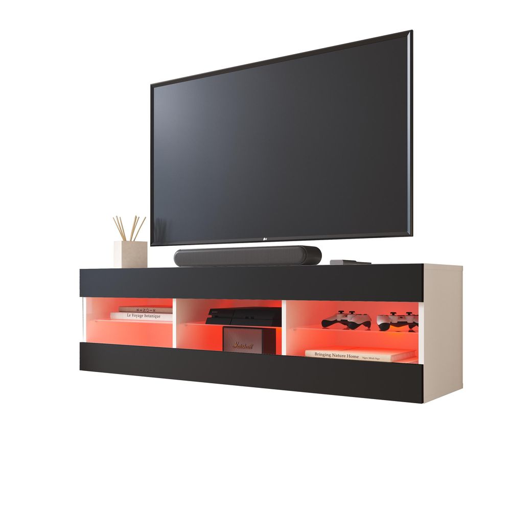 Komodee | Wohnwand Wohnzimmerset Tivoli Grande, Korpus Weiß Matt Frontfarbe Schwarz Matt, LED RGB