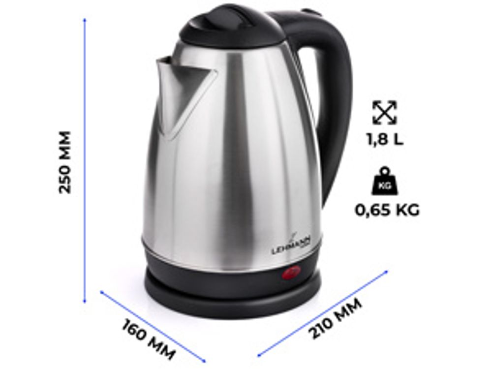 Lehmann Edelstahl Wasserkocher 1,8 L, 2200 W elektrischer Wasserkocher, für Babynahrung, Tee, Kaffee, Abschaltautomatik und Überhitzungsschutz
