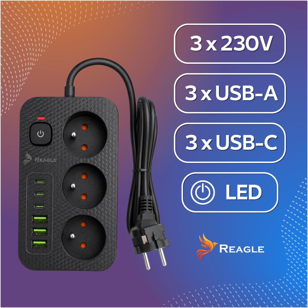 Reagle 3m Steckdosenleiste 3-fach mit 6x USB (3x USB-A, 3x USB-C), Mehrfachsteckdose schwarz, Verlängerungskabel Überspannungsschutz 2500W, Schalter