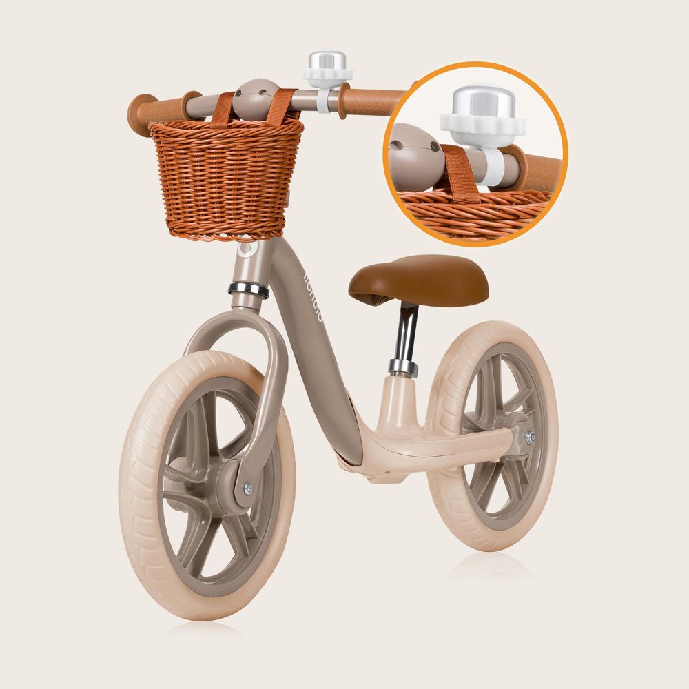 Lionelo Alex Plus Laufrad Kinder Fahrrad bis 30 kg Sattel und Lenker einstellbar 12 Zoll Eva Schaumräder Korb und Glocke Beige