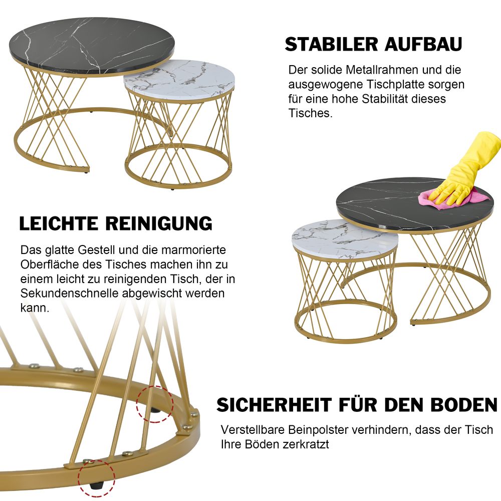 MODFU Couchtische Schwarz,Wohnzimmertisch rund 2er Set,Sofatisch mit Metallrahmen,Beistelltisch mit Verstellbare Füße