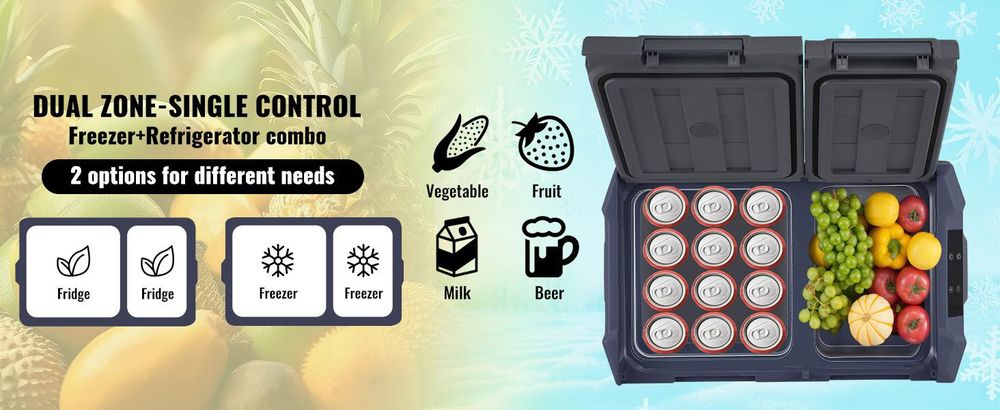 VEVOR Autokühlschrank, 40 L Dual Zone tragbarer Gefrierschrank, 12 Volt Autokühlschrank, -4℉-68℉ einstellbarer Bereich, 12/24 V DC und 100-240 V AC Kompressorkühler für Outdoor, Camping, Wohnmobil