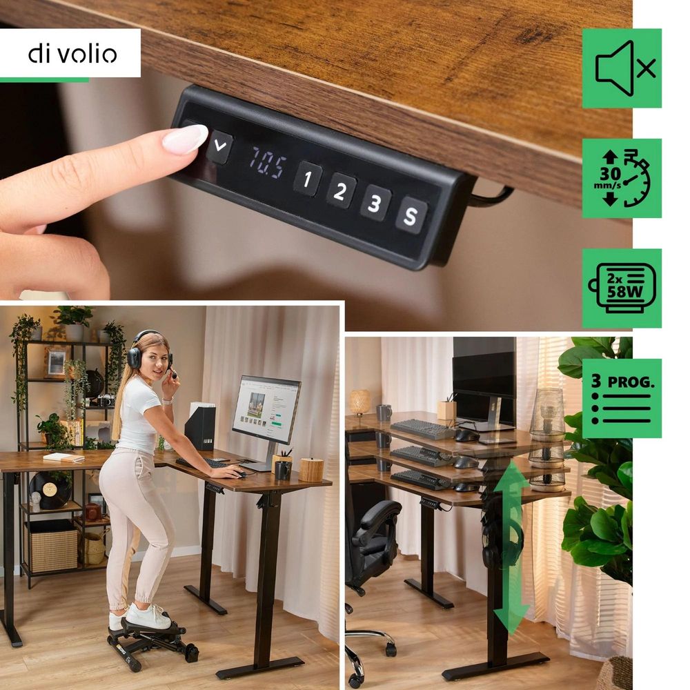 di volio rohový písací stôl Montaro - elektrický výškovo nastaviteľný pravostranný, hnedý