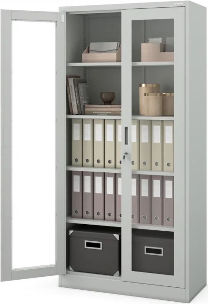 Aktenschrank Medizinschrank Büroschrank Flügeltürschrank Glasvitrine 4 Fachböden Stahl Abschließbar 185 cm x 90 cm x 40 cm Farbe: Grau