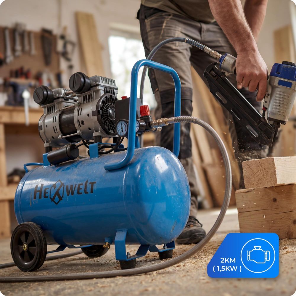 Ölfreier Luftkompressor HW-KBO-2T-50L 50 L 250 l/min 8 bar 2 Zylinder Gusseisen 1,5 kW 230 V für Werkstatt Garage