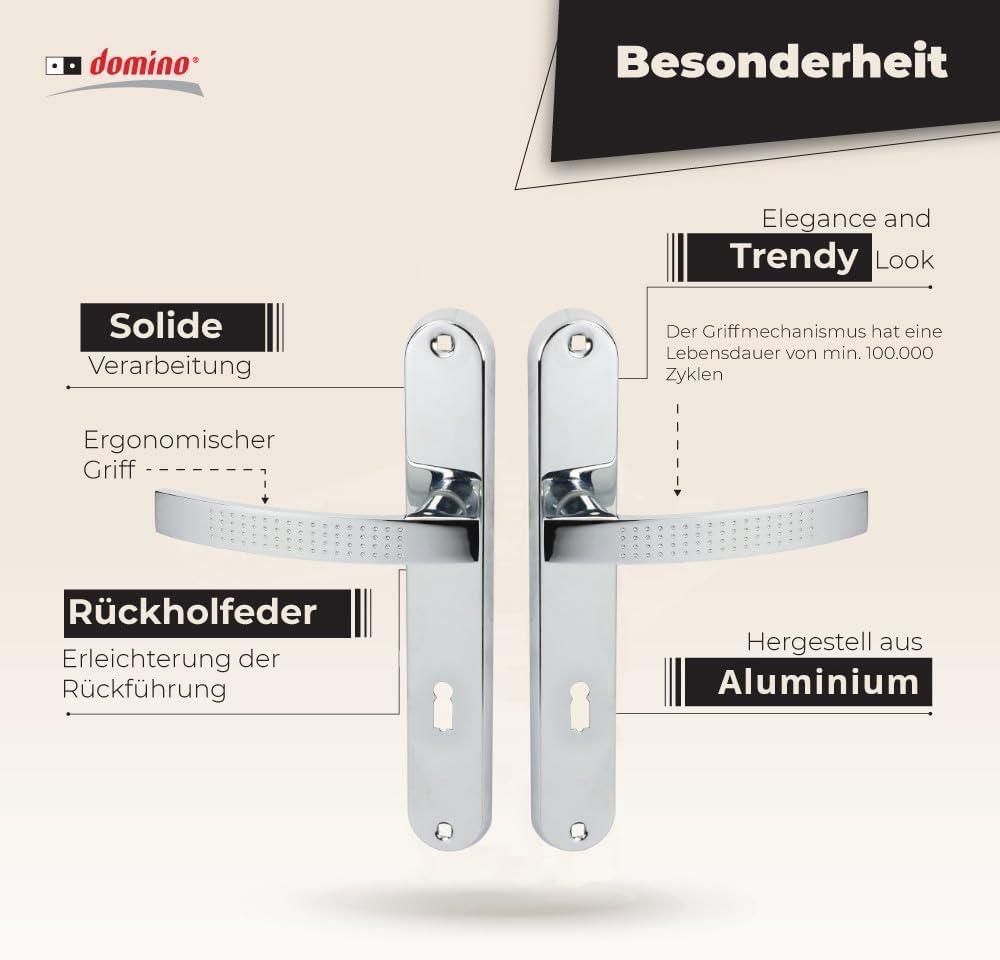 DOMINO Türgriff 72 Drückergarnitur BB-Buntbart Set | Türklinke für Zimmertür, Bürotür, Kellertür & Innentür | L-Form | Aluminium | Chrom | ALMA ECO M6