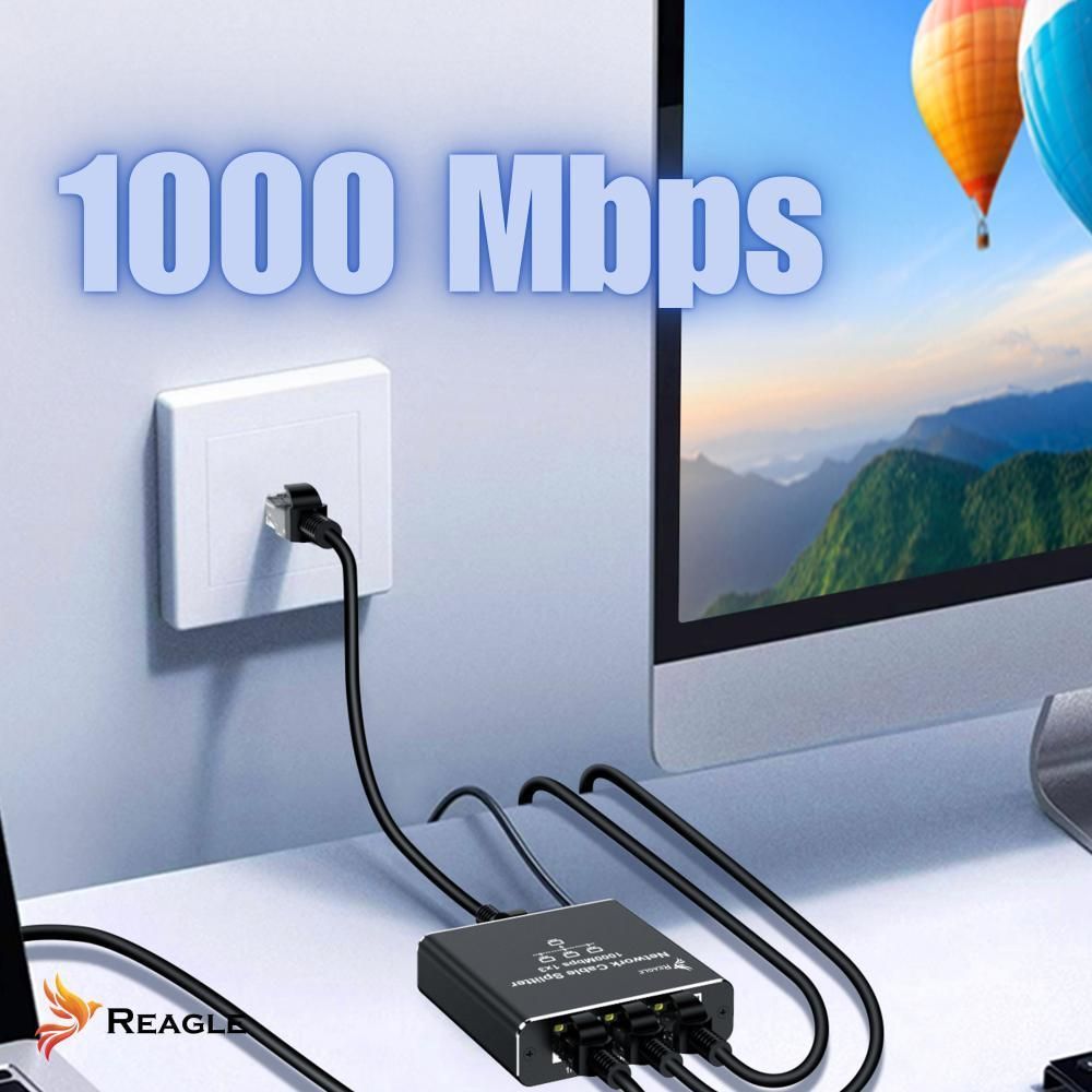 Reagle Premium LAN Splitter Switch 1 auf 3 RJ45 Gigabit Ethernet Netzwerkverteiler 1000Mbps für PC Gaming TV Konsole Aluminium Design USB C Power