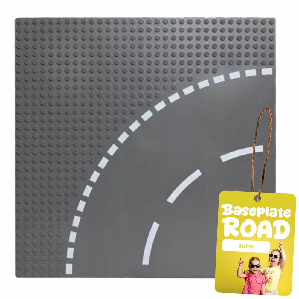 Bauplatte Straße Kurve 32x32 Noppen, Straßenplatte kompatibel mit gängigen Bausteinen, 25,6 x 25,6 cm, EVI KIDS, Grau