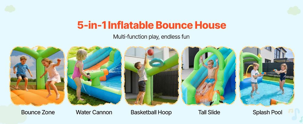 VEVOR Aufblasbares Hüpfhaus, 12,5 x 13,1 x 6,5 ft Aufblasbares Hüpfhaus mit Wasserrutsche, Hüpfburg mit Schloss-Hüpfbereich, Basketballkorb, Planschbecken & Wasser-Ringwurfspiel, für 3 bis 4 Kinder im Alter von 3 bis 8 Jahren, 11.5 ㎡, Pool+Hohe Rutsche+Trampolin