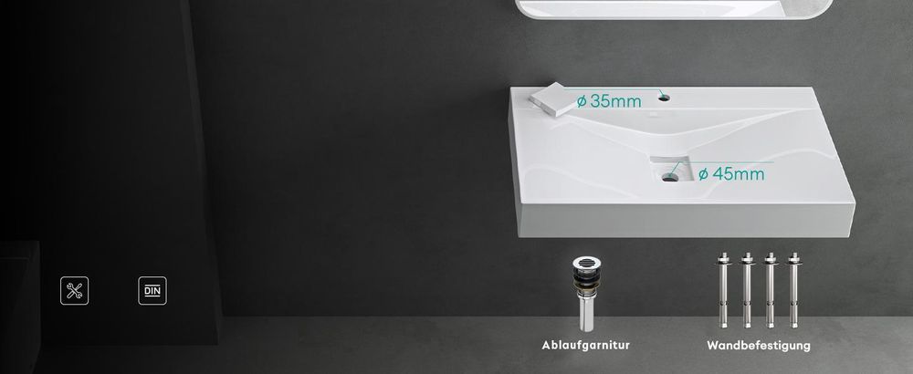 Mai & Mai Waschbecken Hänge Waschtisch Aufsatz Waschschale Mineralguss Schwarz Matt Rechteckig 1 Armaturenloch Breite: 60cm Col810