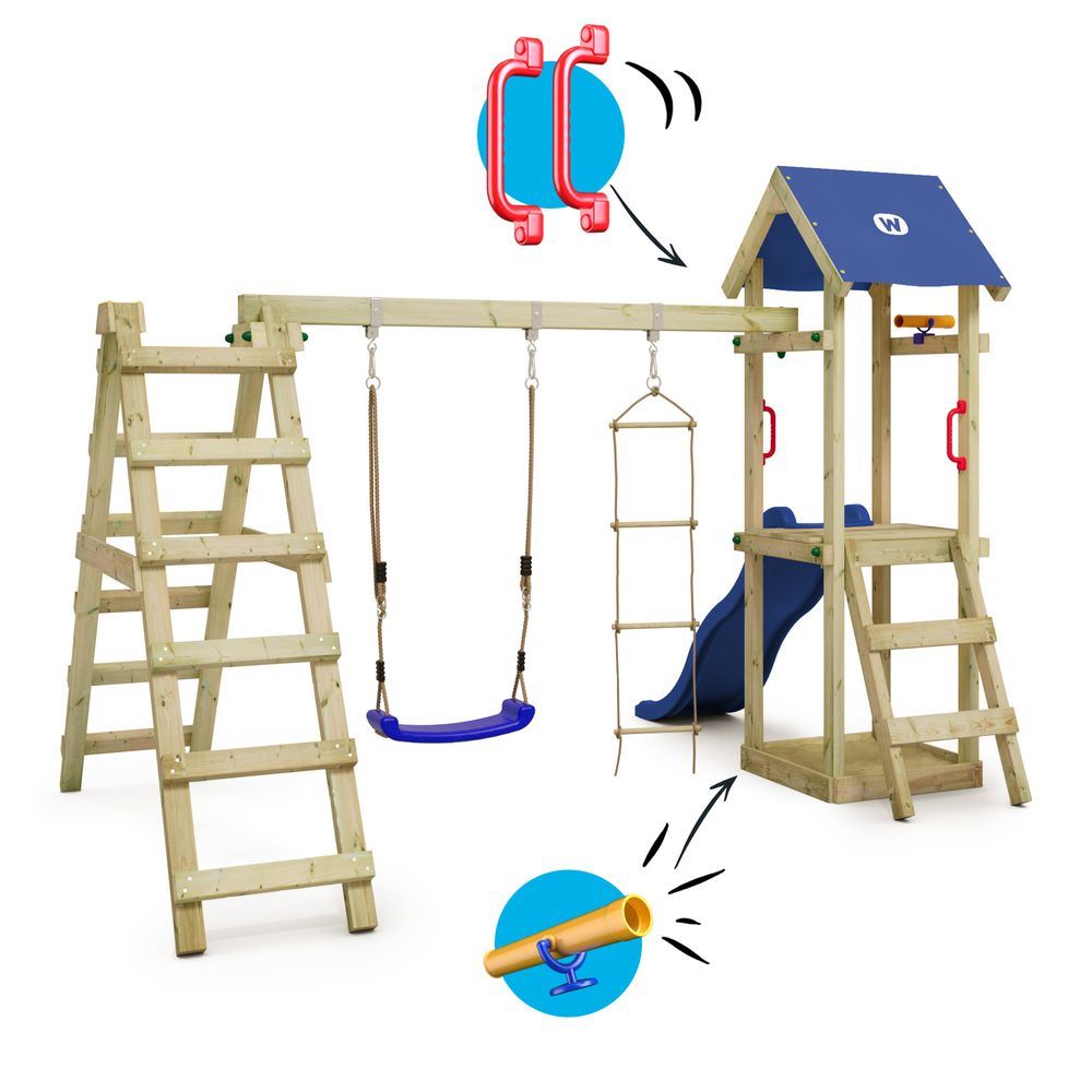 Spielturm Wickey TinyLoft mit Schaukel und Kletteranbau in Blau