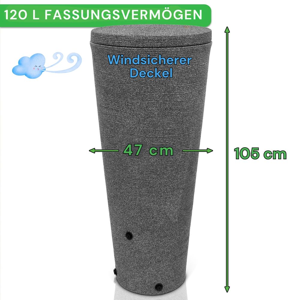 YourCasa Regentonne 120 Liter [Tubo Tank] mit Metallgewinde & Deckel - Regenfass Frostsicher aus Kunststoff - Regenwassertonne - Regenwassertank