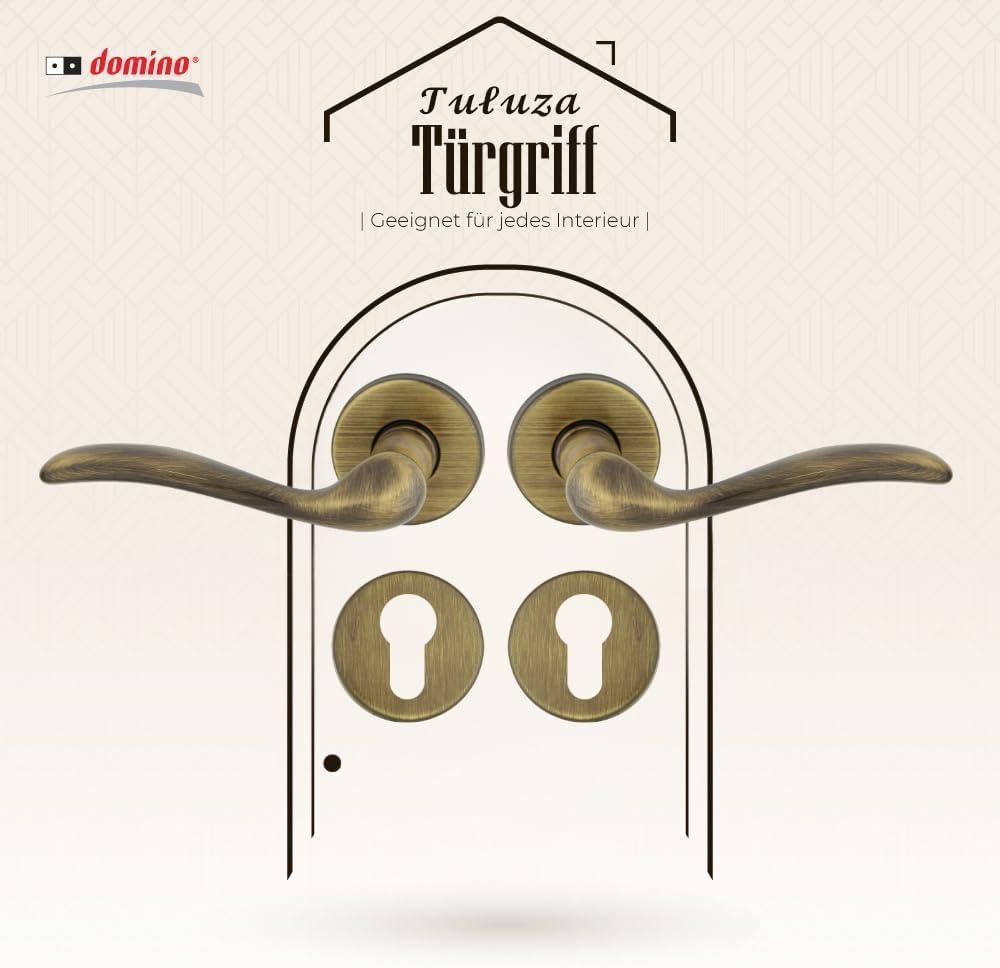 DOMINO Türgriff Drückergarnitur PZ-Profilzylinder Set | Rund-Rosette | Türklinke für Bürotür, Kellertür & Innentür | Türbeschläge aus Messing |Bronze Türdrückergarnitur | TULUZA-R M3