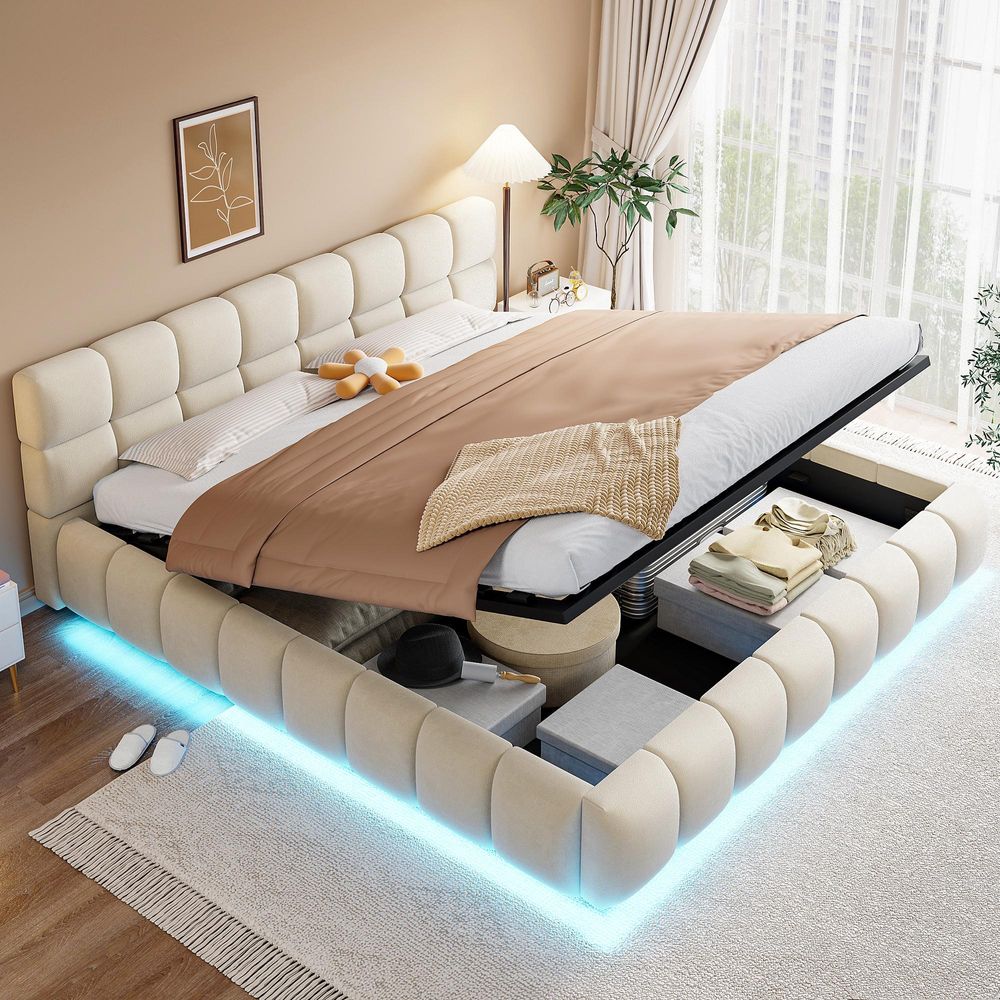 STILVORA Polsterbett 180x200 cm mit hydraulischem Stauraum & LED-Lichtleiste, Doppelbett mit Kopfteil & Seitenteilen, Stauraumbett für Schlafzimmer, Samtstoff, Beige