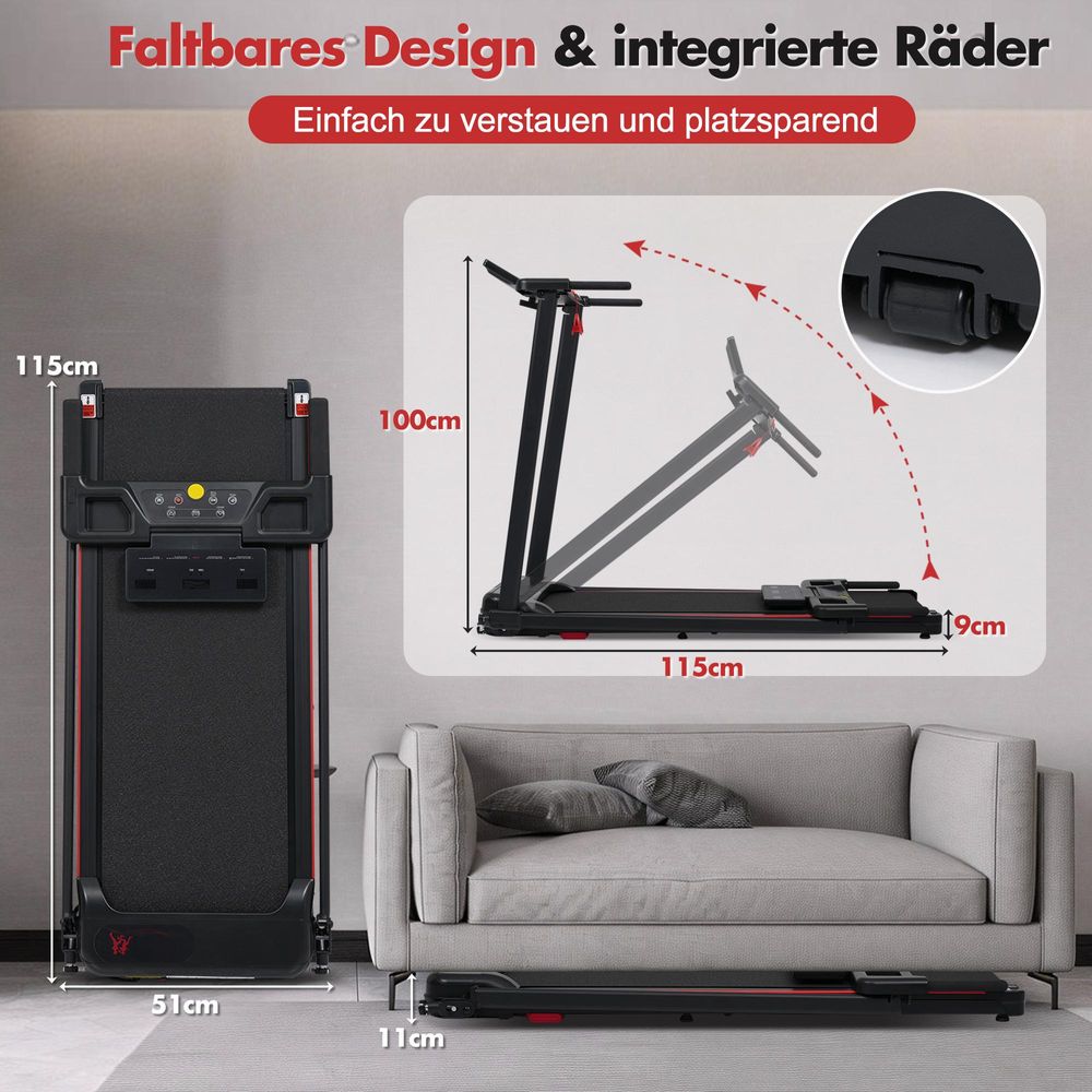 Merax Laufband für Zuhause, klappbar, 1–12 km/h, 8% Steigung, 3,0 PS Motor, 120 kg Belastbarkeit, verstellbare Füße, Black+Red