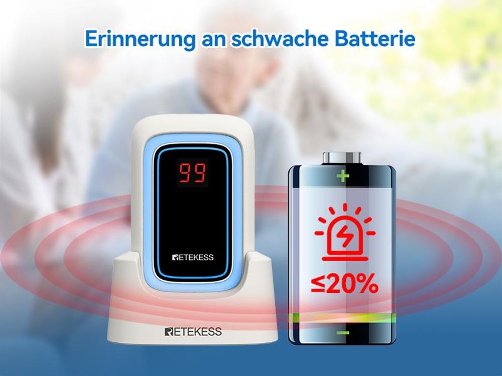 Retekess TH109S Pflege Pager, Drahtlose Rufglocke Für Ältere Menschen, 850 Fuß Reichweite, Einfach Zu Bedienen, Anpassbare Alarme, Häusliche Pflege